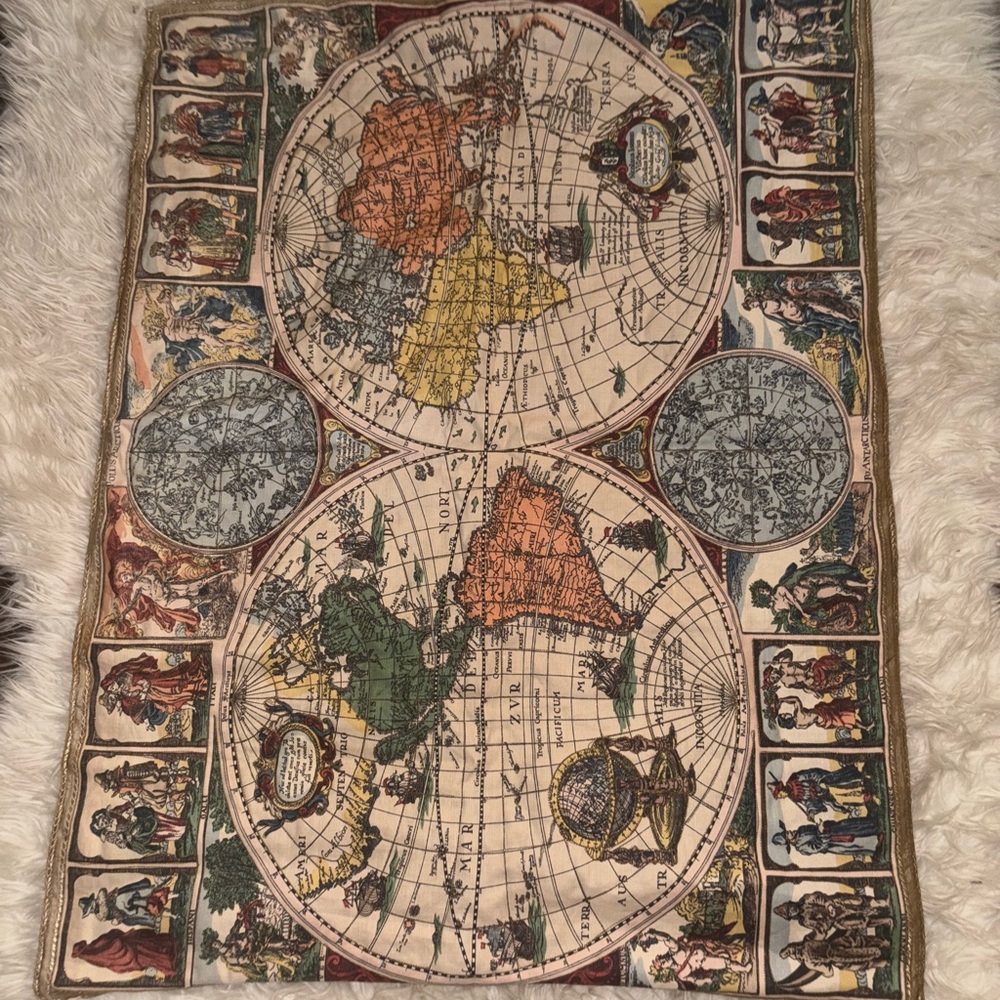 Vintage Style World Map Wall Art - Green, Orange, Yellow